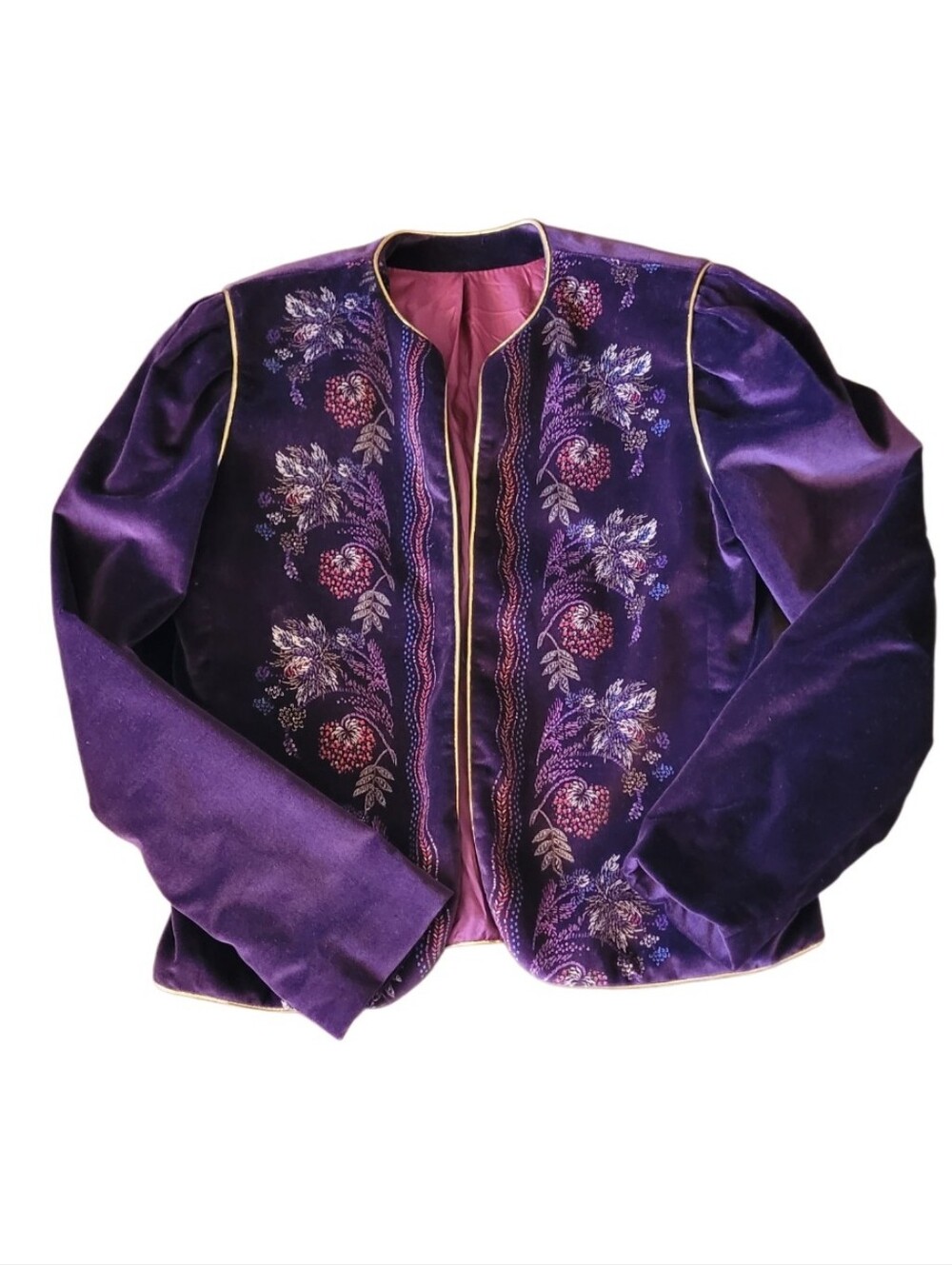 Vintage Purple Embroidered Velvet Jacket Elegant Open Front Blazer 70s 80s XS/S